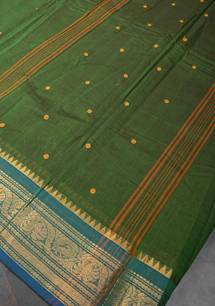 Olive Green Kanchi Cotton Saree with Buttas And Contrast Zari Border | No Blouse piece