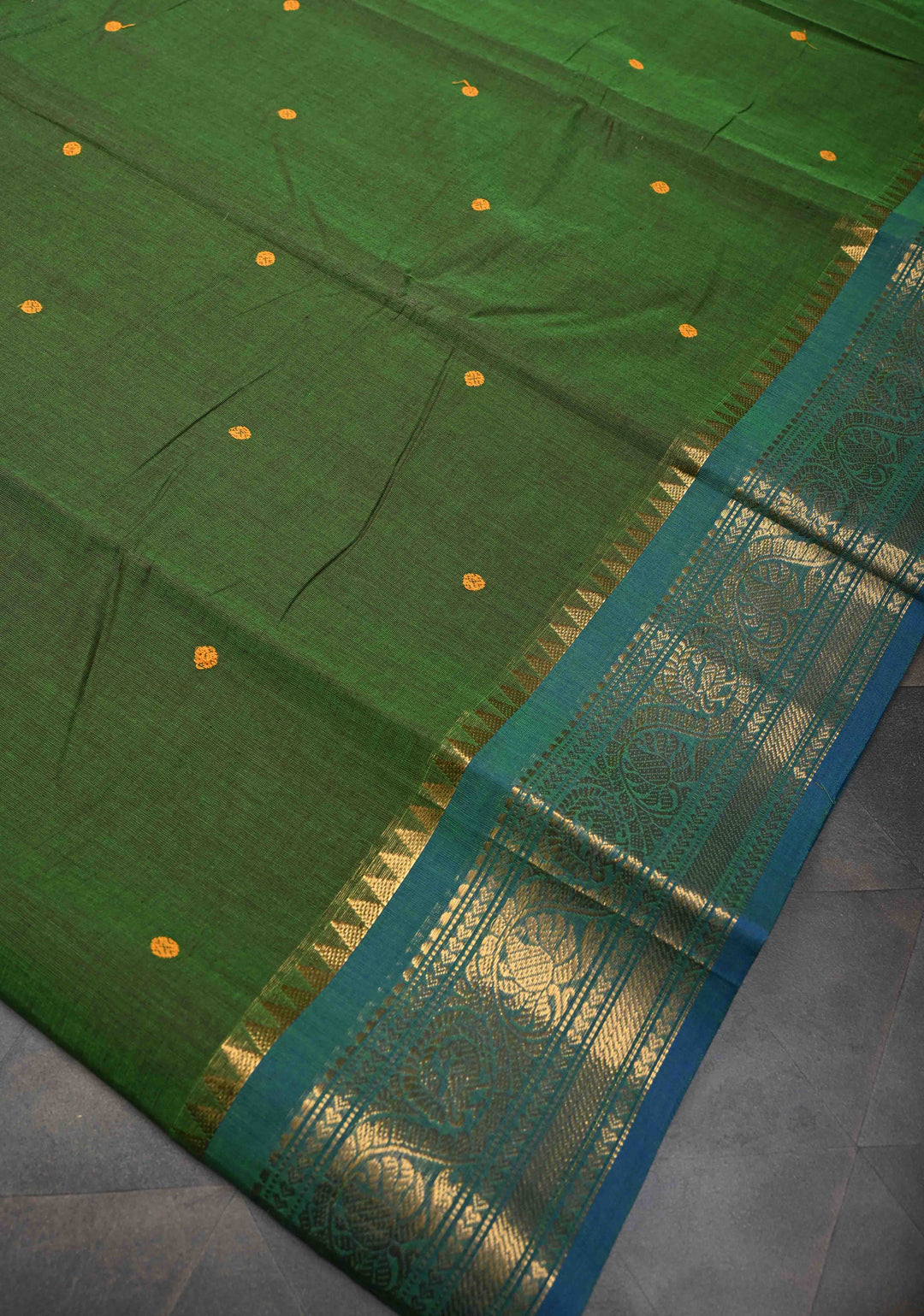 Olive Green Kanchi Cotton Saree with Buttas And Contrast Zari Border | No Blouse piece