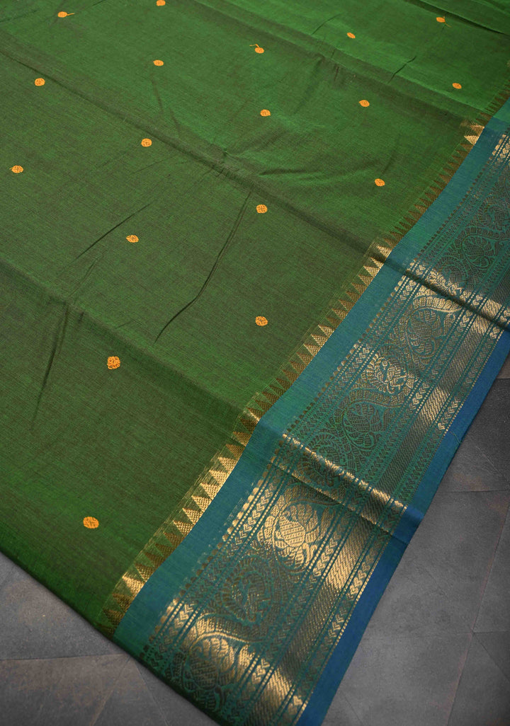 Olive Green Kanchi Cotton Saree with Buttas And Contrast Zari Border | No Blouse piece