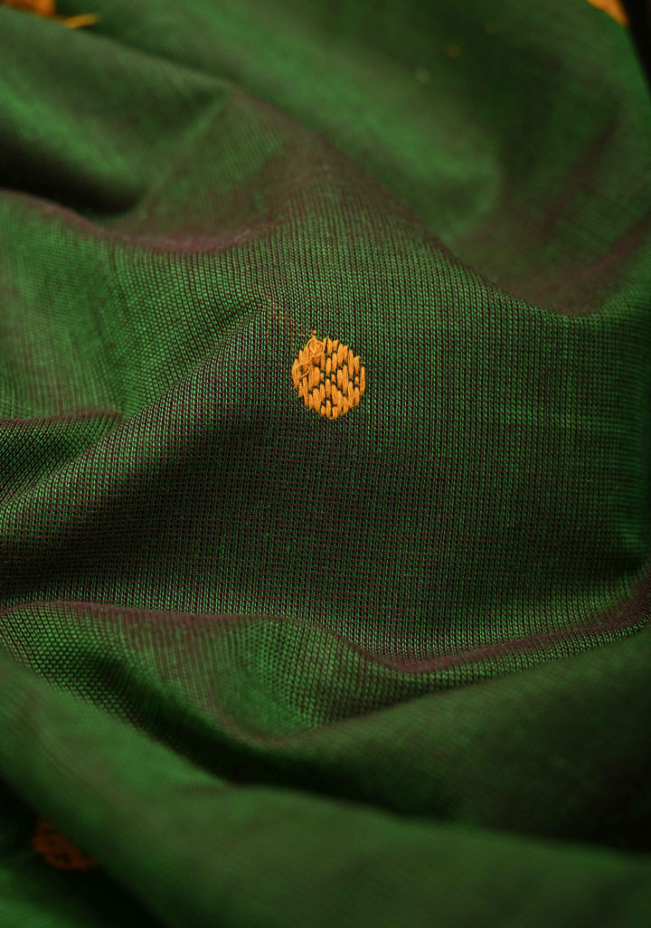 Olive Green Kanchi Cotton Saree with Buttas And Contrast Zari Border | No Blouse piece