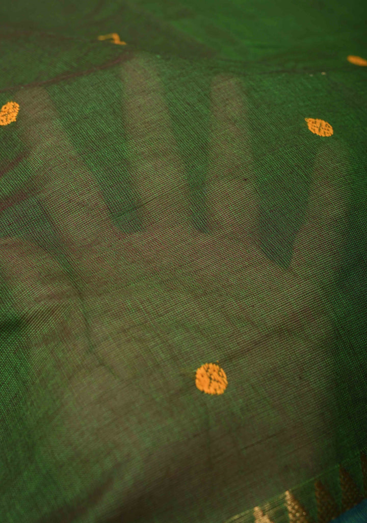 Olive Green Kanchi Cotton Saree with Buttas And Contrast Zari Border | No Blouse piece
