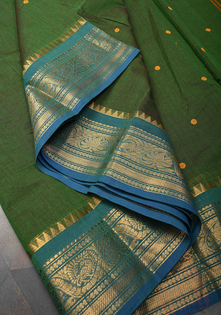 Olive Green Kanchi Cotton Saree with Buttas And Contrast Zari Border | No Blouse piece
