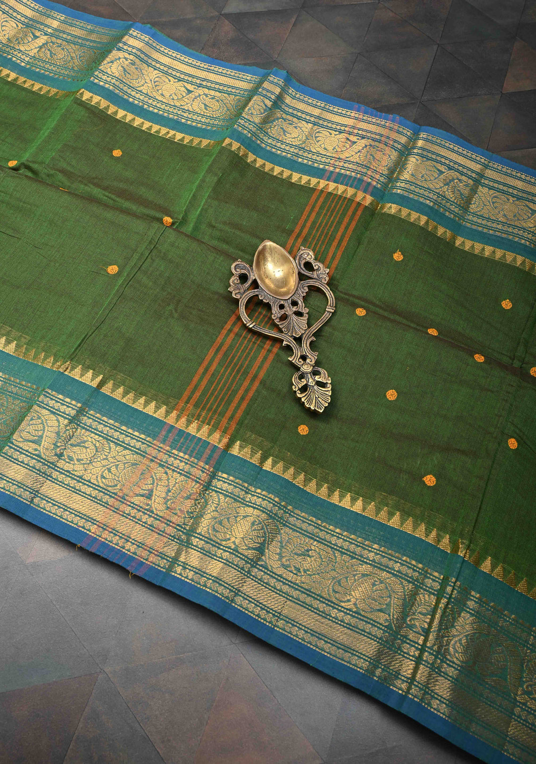 Olive Green Kanchi Cotton Saree with Buttas And Contrast Zari Border | No Blouse piece