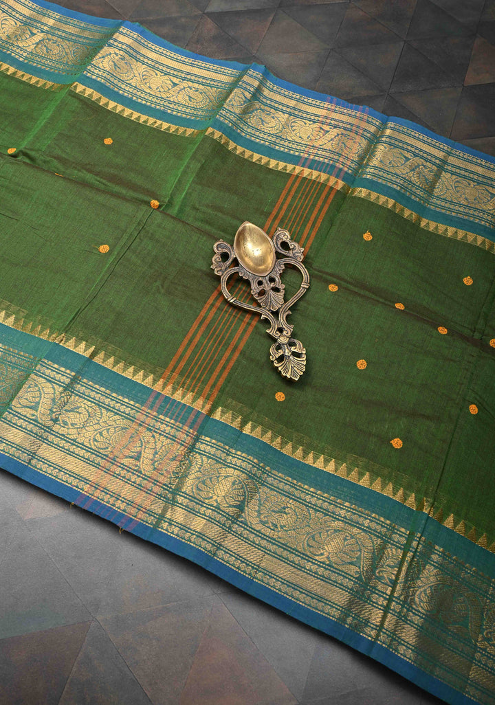 Olive Green Kanchi Cotton Saree with Buttas And Contrast Zari Border | No Blouse piece