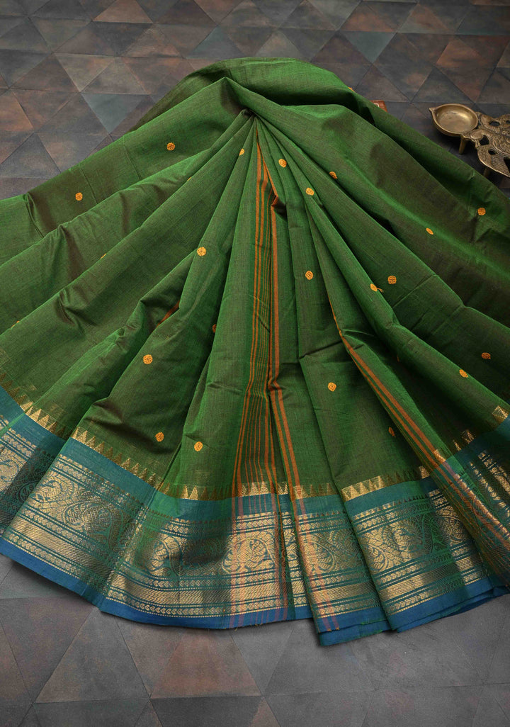 Olive Green Kanchi Cotton Saree with Buttas And Contrast Zari Border | No Blouse piece