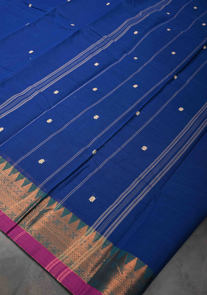 Deep Sapphire Blue Kanchi Cotton Saree with Reham Buttas and Contrast Temple Zari Border, No Blouse piece