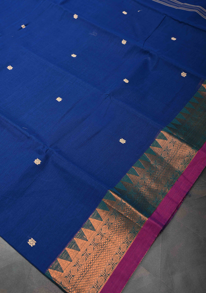 Deep Sapphire Blue Kanchi Cotton Saree with Reham Buttas and Contrast Temple Zari Border, No Blouse piece
