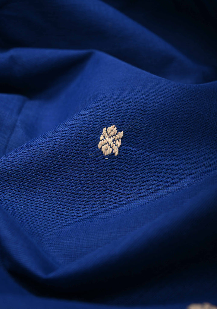 Deep Sapphire Blue Kanchi Cotton Saree with Reham Buttas and Contrast Temple Zari Border, No Blouse piece