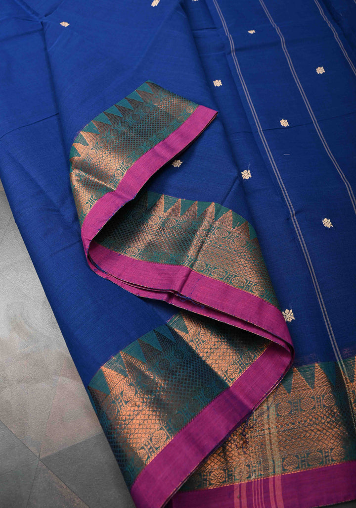 Deep Sapphire Blue Kanchi Cotton Saree with Reham Buttas and Contrast Temple Zari Border, No Blouse piece