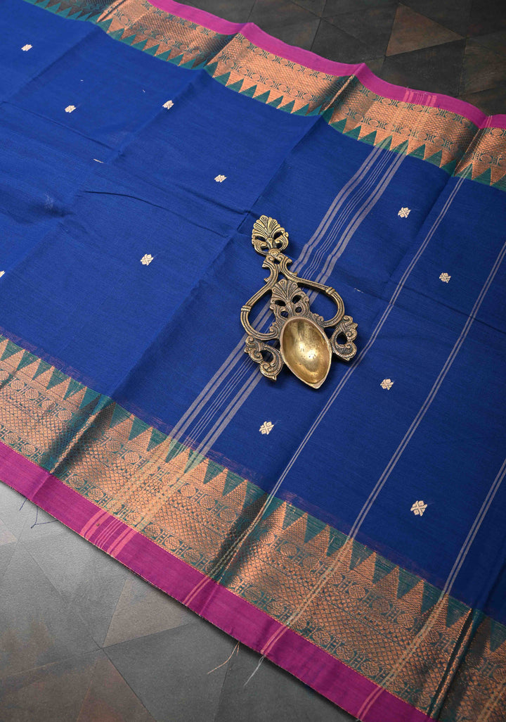 Deep Sapphire Blue Kanchi Cotton Saree with Reham Buttas and Contrast Temple Zari Border, No Blouse piece