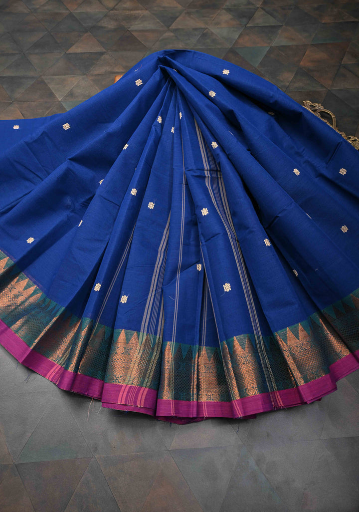 Deep Sapphire Blue Kanchi Cotton Saree with Reham Buttas and Contrast Temple Zari Border, No Blouse piece