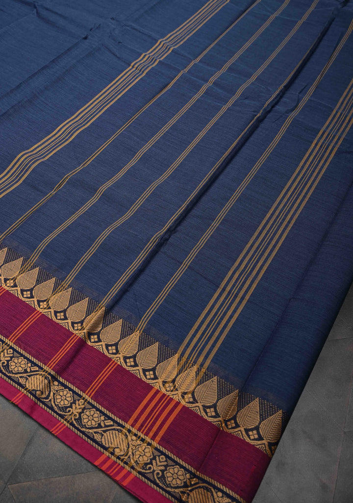 Navy Blue Kanchi Cotton Saree with and Contrast Resham Border, No Blouse piece