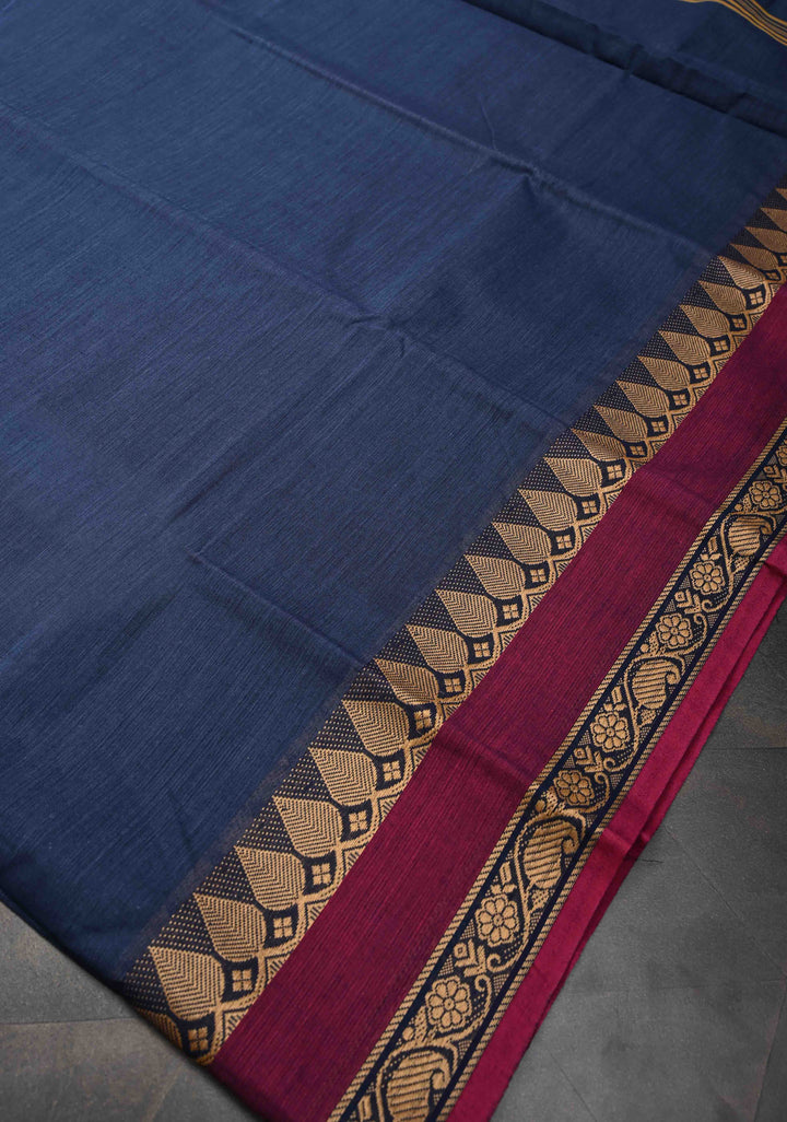 Navy Blue Kanchi Cotton Saree with and Contrast Resham Border, No Blouse piece