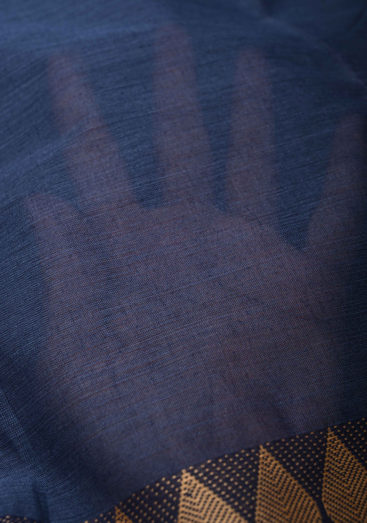 Navy Blue Kanchi Cotton Saree with and Contrast Resham Border, No Blouse piece
