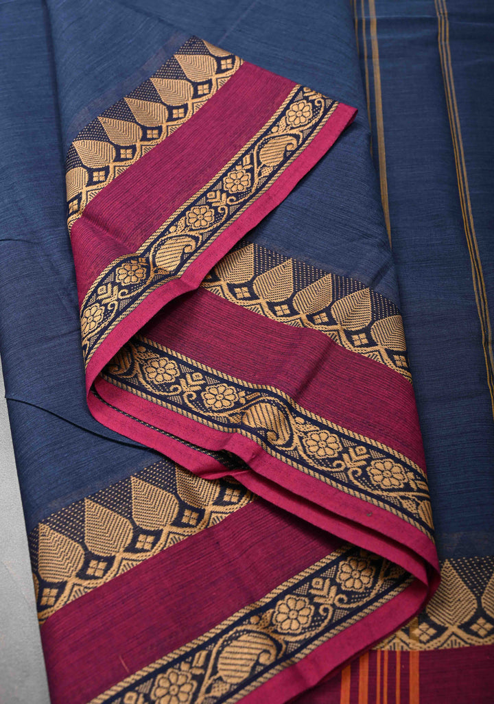 Navy Blue Kanchi Cotton Saree with and Contrast Resham Border, No Blouse piece