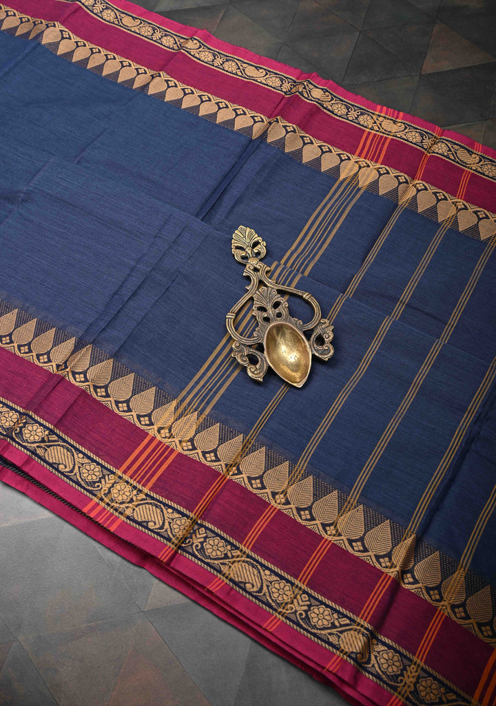Navy Blue Kanchi Cotton Saree with and Contrast Resham Border, No Blouse piece