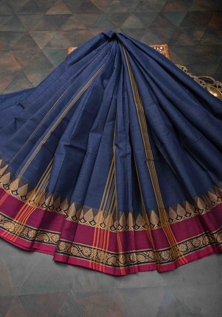 Navy Blue Kanchi Cotton Saree with and Contrast Resham Border, No Blouse piece