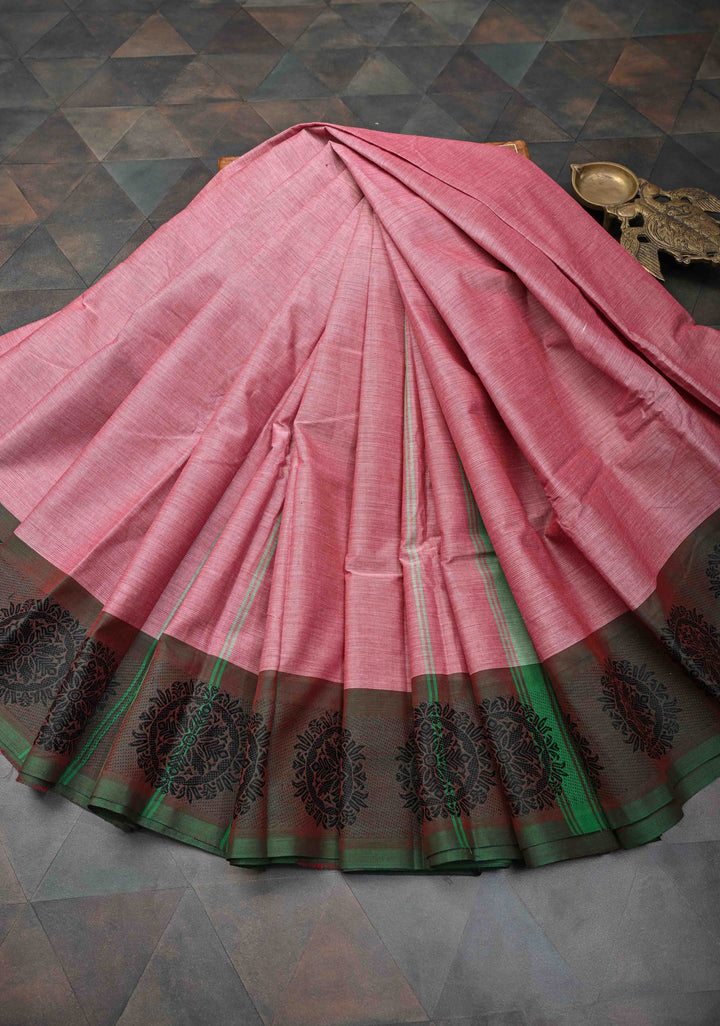 Dusty Pink Kanchi Cotton Saree with Contrast Distinct Resham Mandala Motifs on Border, No Blouse piece