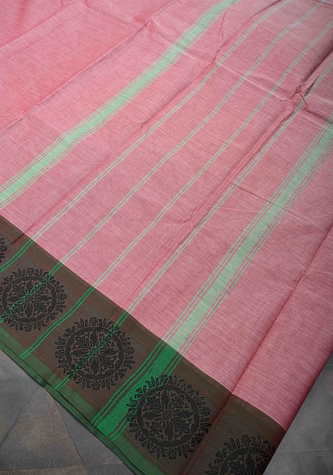 Dusty Pink Kanchi Cotton Saree with Contrast Distinct Resham Mandala Motifs on Border, No Blouse piece