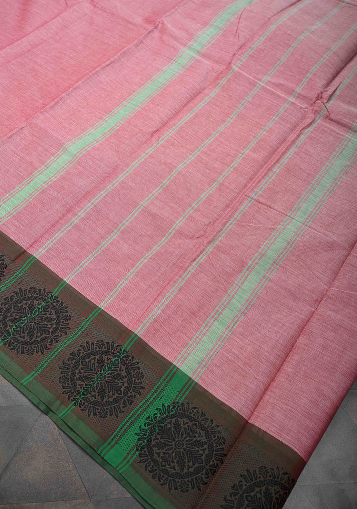 Dusty Pink Kanchi Cotton Saree with Contrast Distinct Resham Mandala Motifs on Border, No Blouse piece
