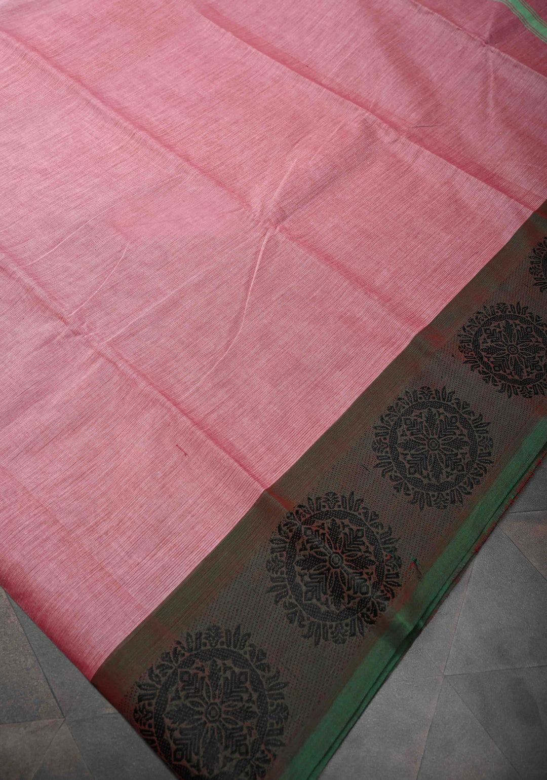 Dusty Pink Kanchi Cotton Saree with Contrast Distinct Resham Mandala Motifs on Border, No Blouse piece