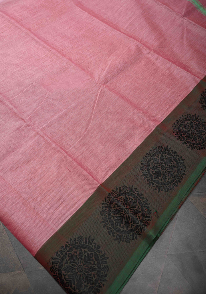Dusty Pink Kanchi Cotton Saree with Contrast Distinct Resham Mandala Motifs on Border, No Blouse piece