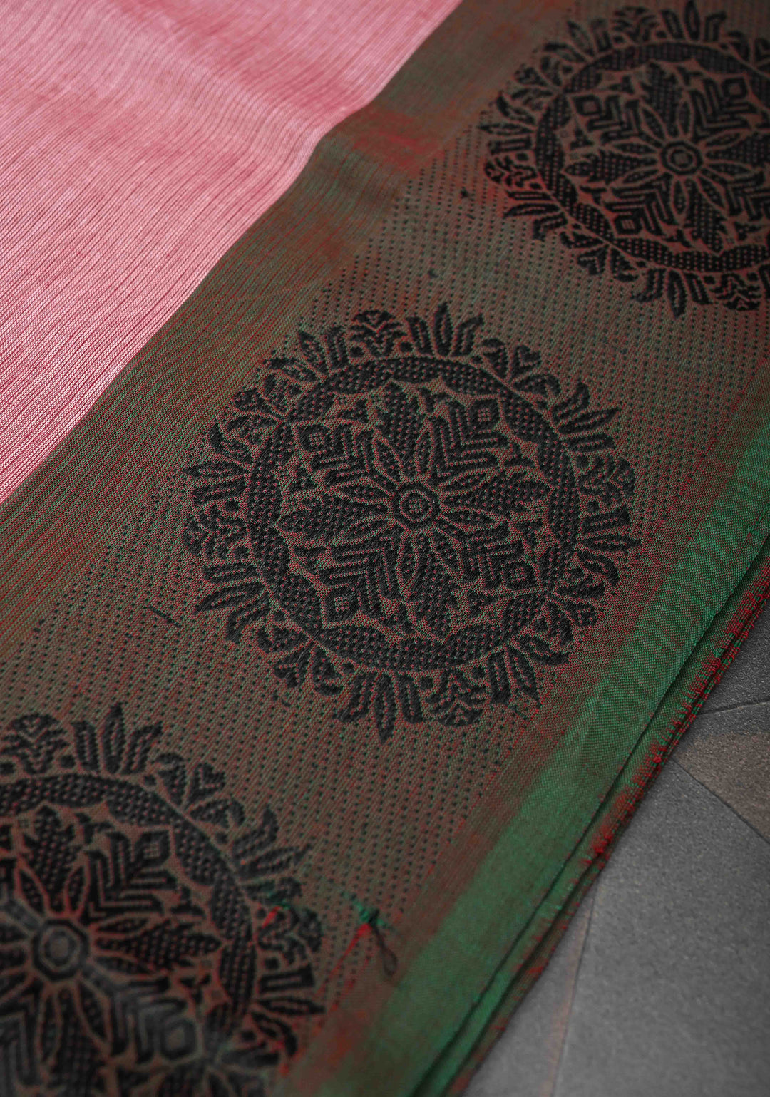 Dusty Pink Kanchi Cotton Saree with Contrast Distinct Resham Mandala Motifs on Border, No Blouse piece