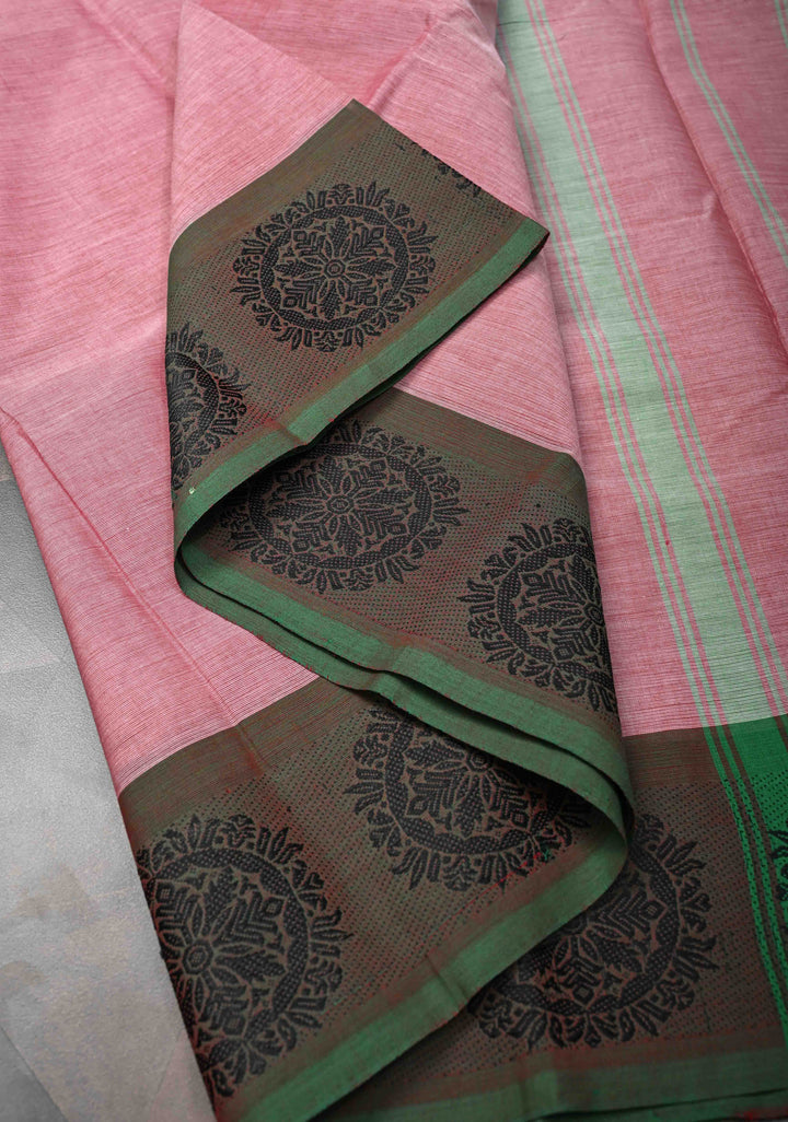 Dusty Pink Kanchi Cotton Saree with Contrast Distinct Resham Mandala Motifs on Border, No Blouse piece
