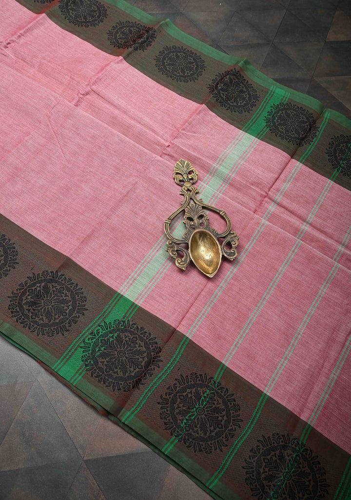 Dusty Pink Kanchi Cotton Saree with Contrast Distinct Resham Mandala Motifs on Border, No Blouse piece