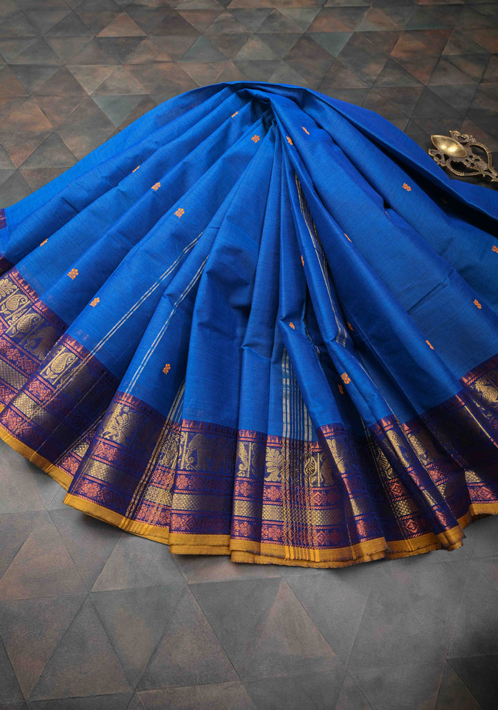 Egyptian Blue Kanchi Cotton Saree with Zari Buttas And Contrast Zari Border