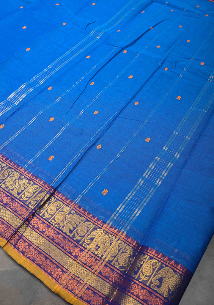 Egyptian Blue Kanchi Cotton Saree with Zari Buttas And Contrast Zari Border