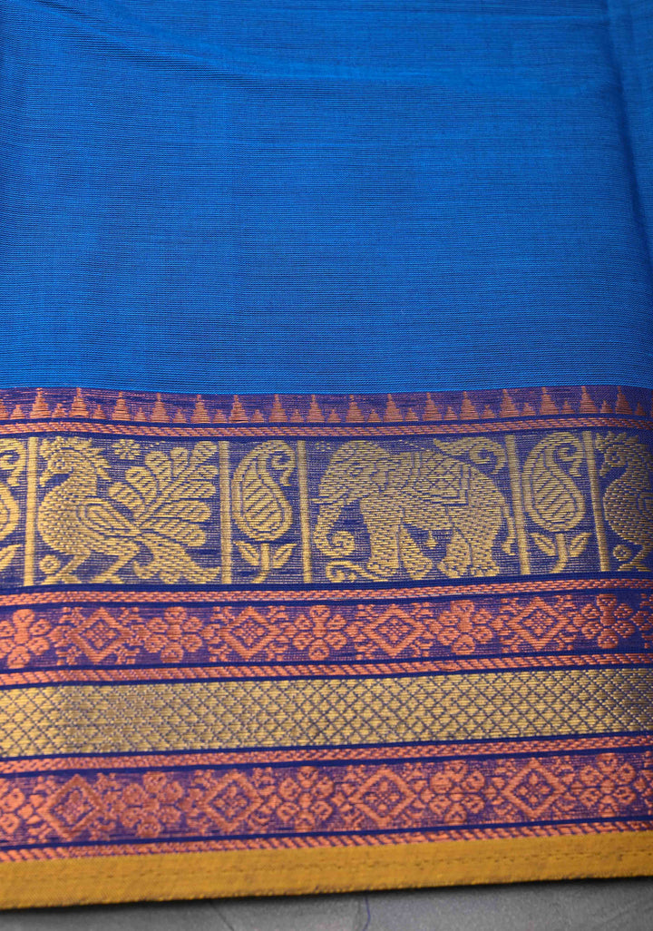 Egyptian Blue Kanchi Cotton Saree with Zari Buttas And Contrast Zari Border