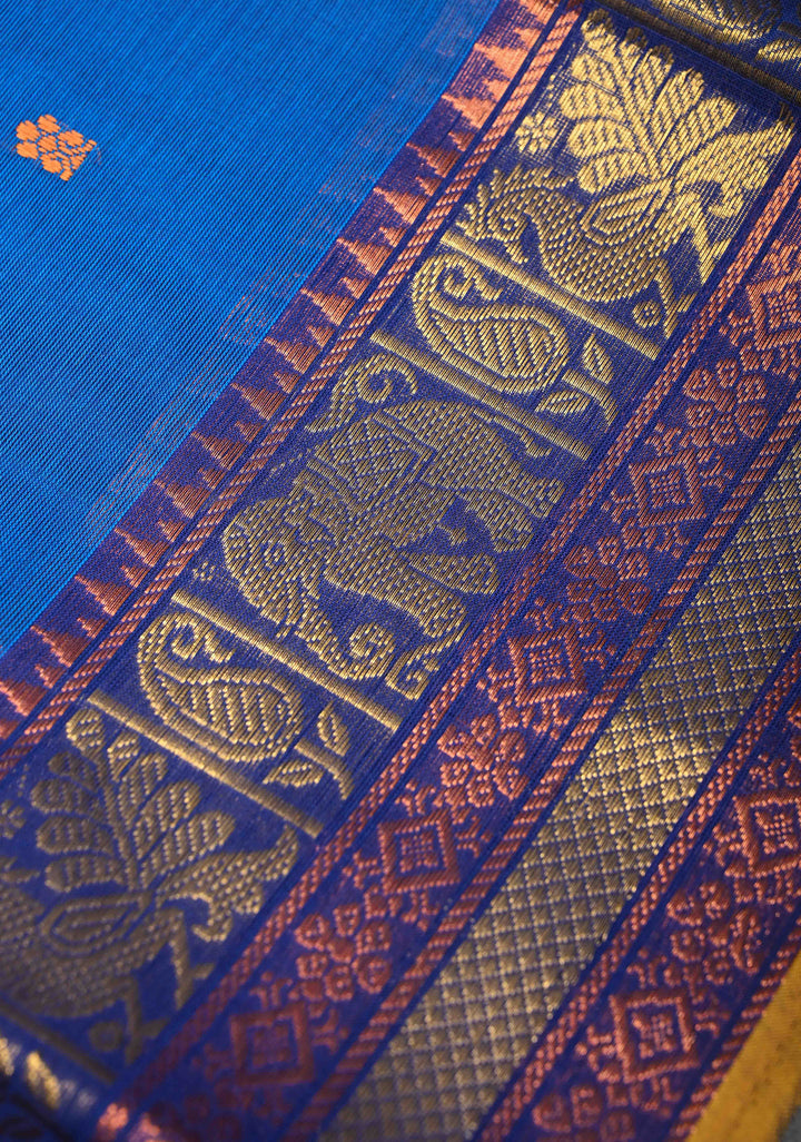 Egyptian Blue Kanchi Cotton Saree with Zari Buttas And Contrast Zari Border