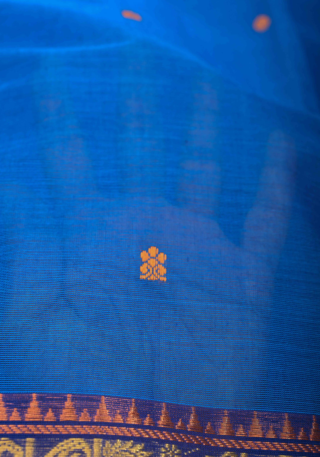 Egyptian Blue Kanchi Cotton Saree with Zari Buttas And Contrast Zari Border