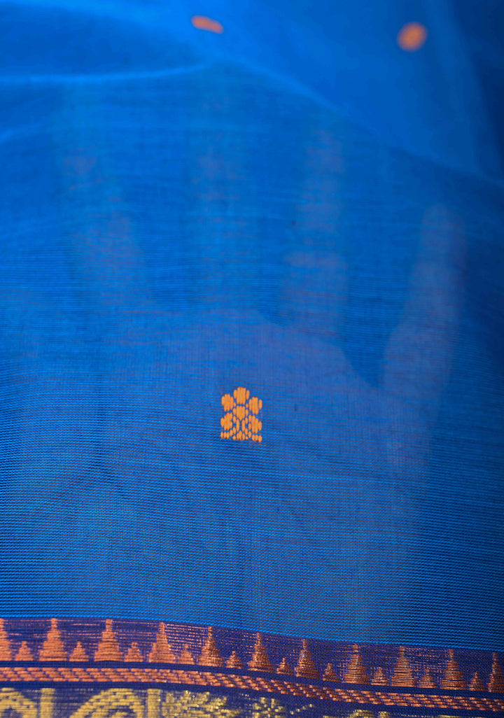 Egyptian Blue Kanchi Cotton Saree with Zari Buttas And Contrast Zari Border