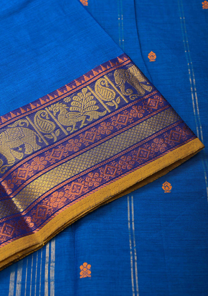 Egyptian Blue Kanchi Cotton Saree with Zari Buttas And Contrast Zari Border