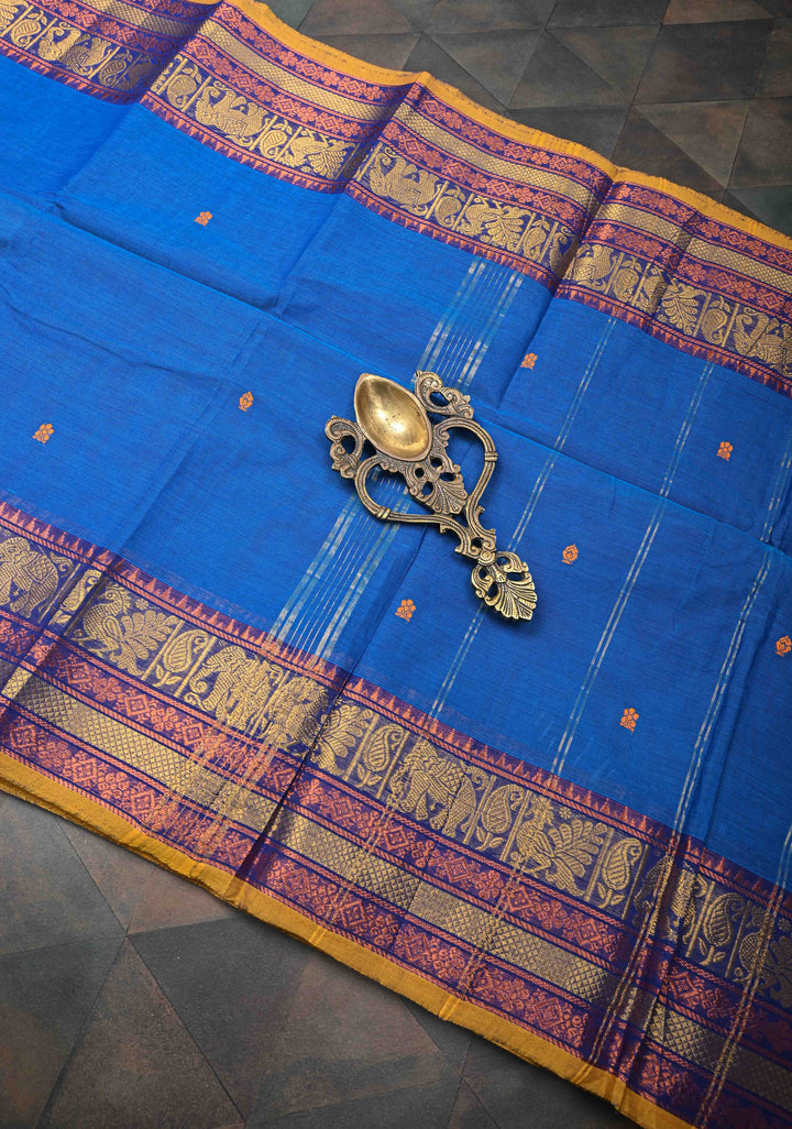 Egyptian Blue Kanchi Cotton Saree with Zari Buttas And Contrast Zari Border