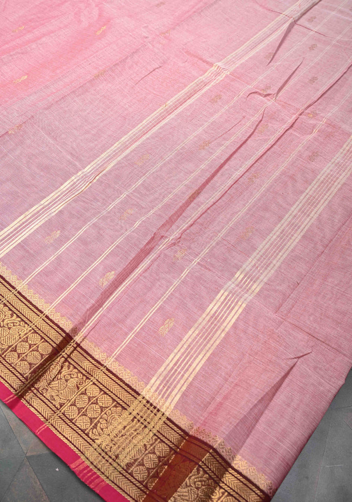 Light Pink Kanchi Cotton Saree with Zari Buttas And Contrast Zari Border | No Blouse piece