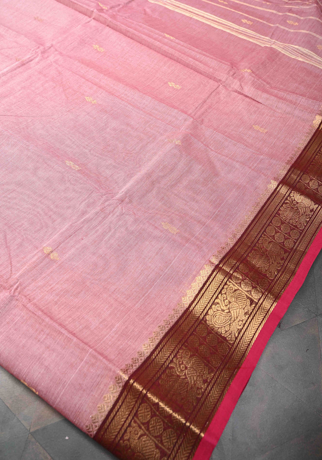 Light Pink Kanchi Cotton Saree with Zari Buttas And Contrast Zari Border | No Blouse piece