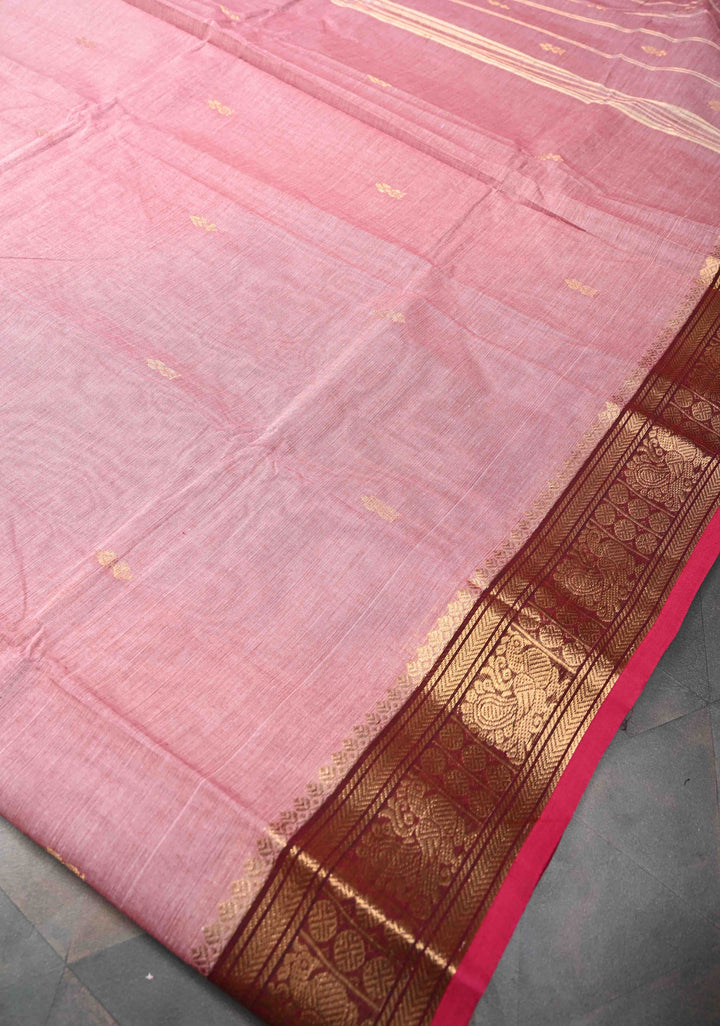 Light Pink Kanchi Cotton Saree with Zari Buttas And Contrast Zari Border | No Blouse piece