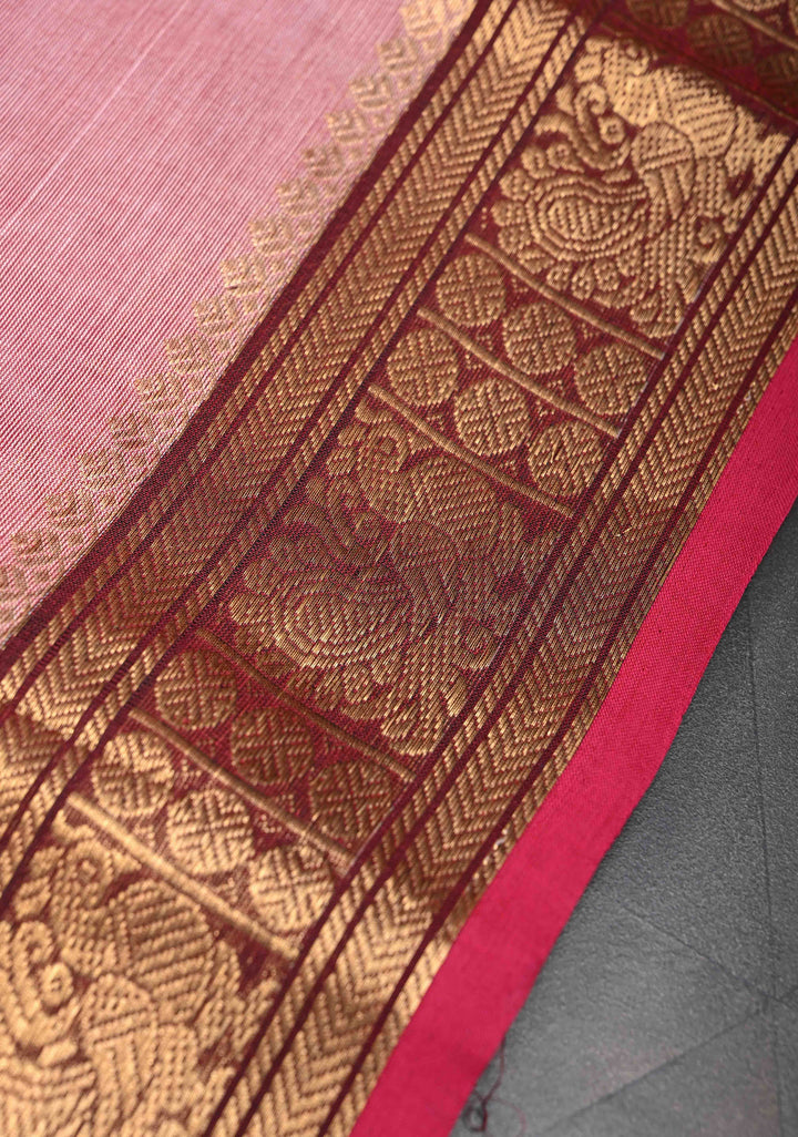 Light Pink Kanchi Cotton Saree with Zari Buttas And Contrast Zari Border | No Blouse piece