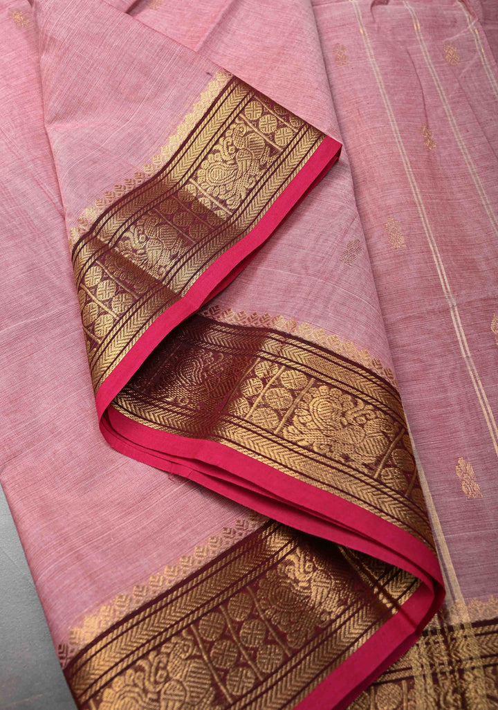 Light Pink Kanchi Cotton Saree with Zari Buttas And Contrast Zari Border | No Blouse piece
