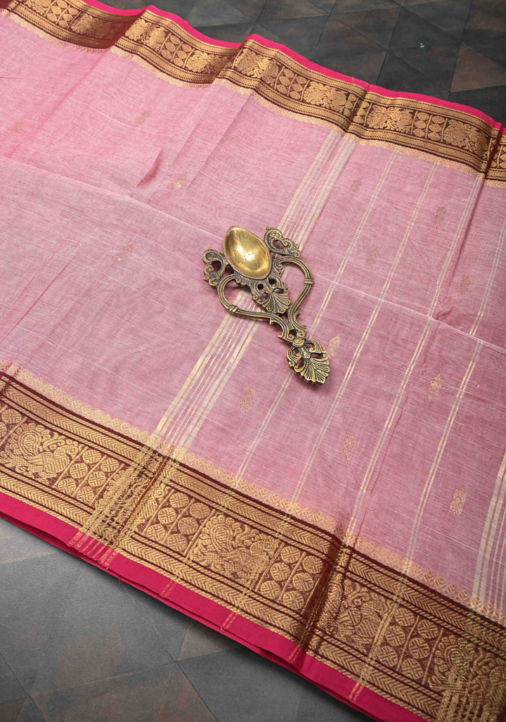 Light Pink Kanchi Cotton Saree with Zari Buttas And Contrast Zari Border | No Blouse piece