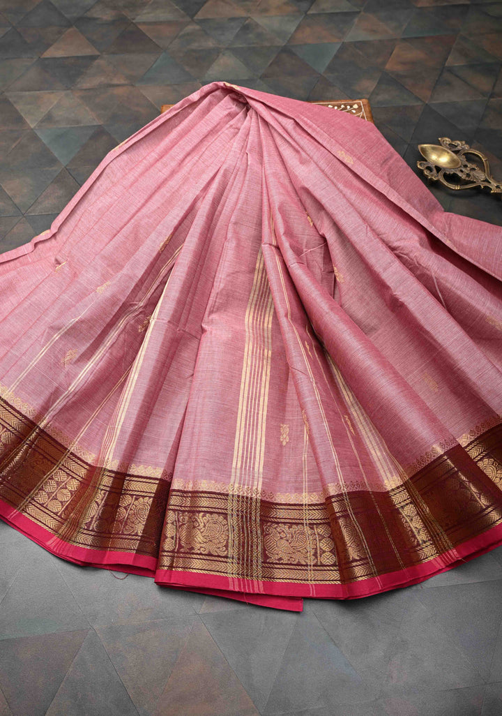 Light Pink Kanchi Cotton Saree with Zari Buttas And Contrast Zari Border | No Blouse piece