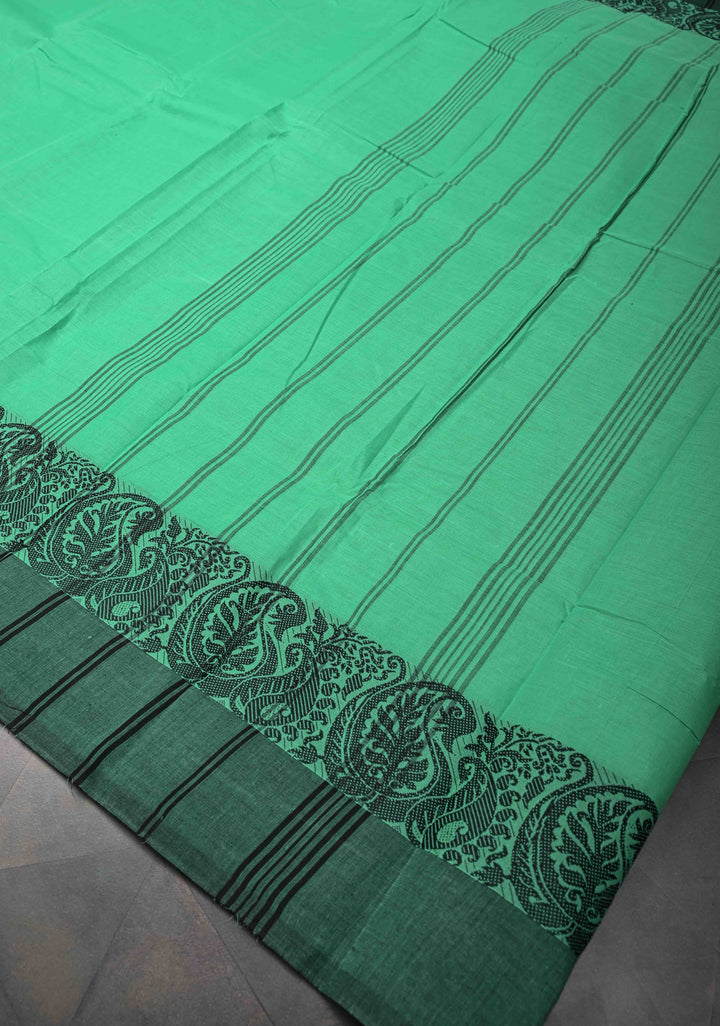 Bright Mint Green Kanchi Cotton Saree with Contrast Paisley Border | No Blouse piece