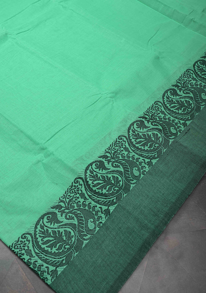 Bright Mint Green Kanchi Cotton Saree with Contrast Paisley Border | No Blouse piece