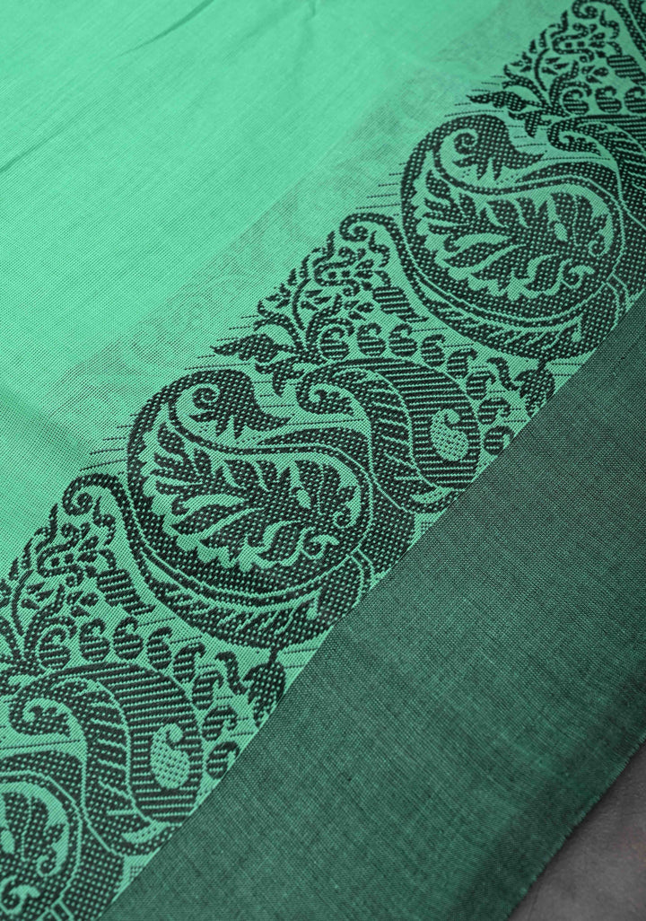 Bright Mint Green Kanchi Cotton Saree with Contrast Paisley Border | No Blouse piece