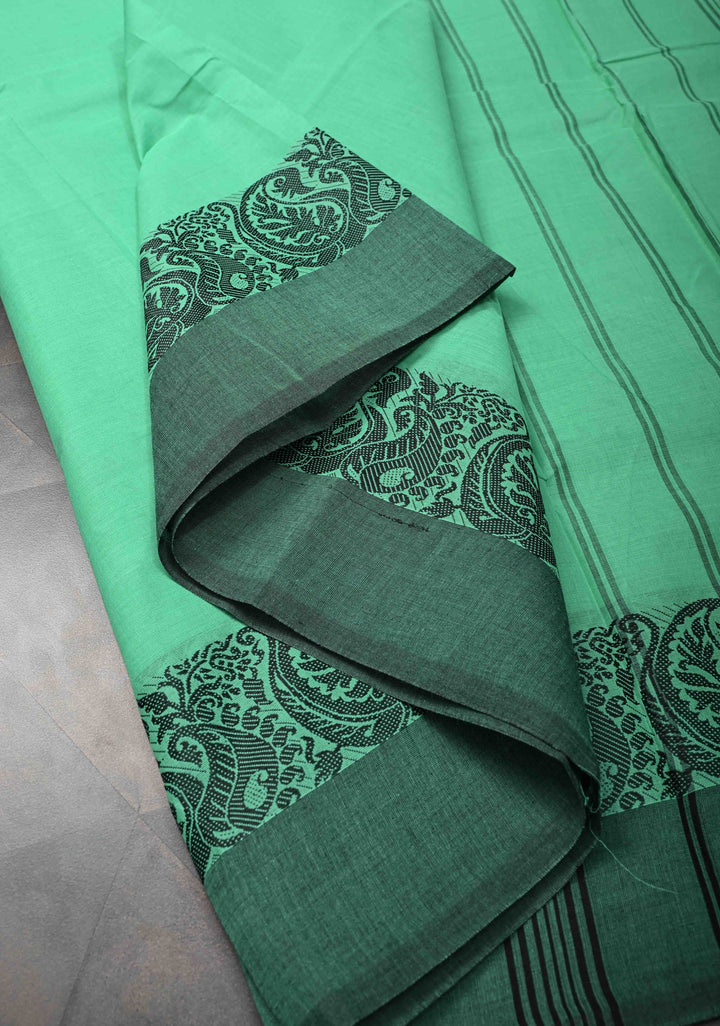 Bright Mint Green Kanchi Cotton Saree with Contrast Paisley Border | No Blouse piece