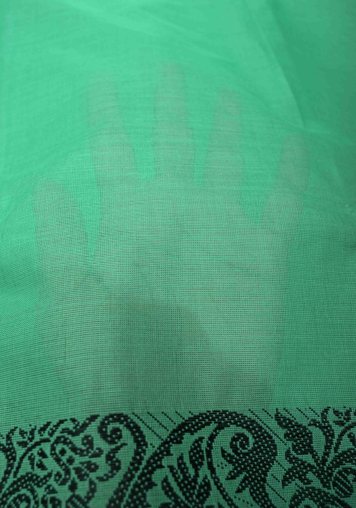 Bright Mint Green Kanchi Cotton Saree with Contrast Paisley Border | No Blouse piece