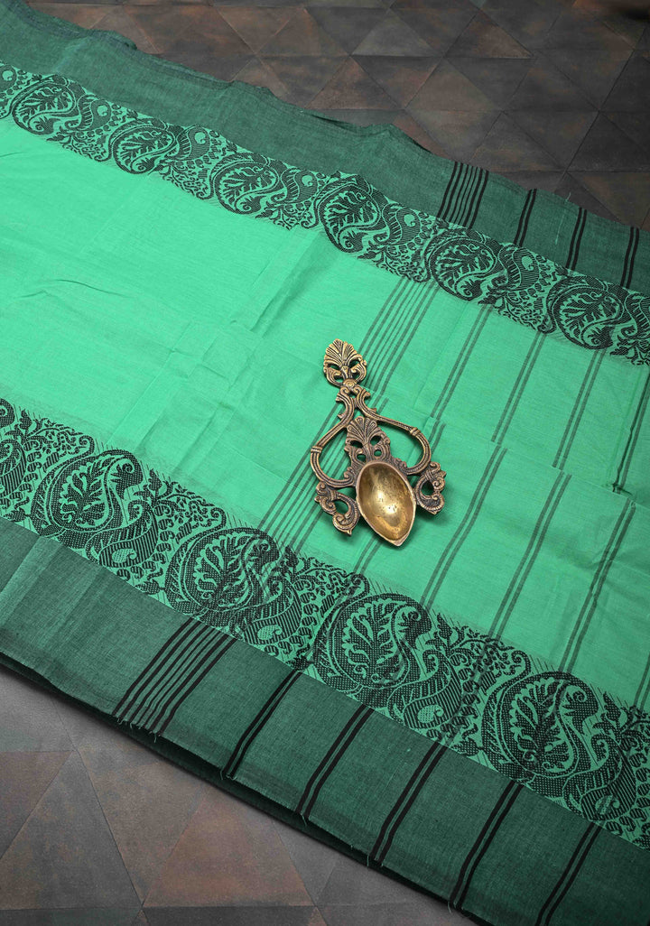 Bright Mint Green Kanchi Cotton Saree with Contrast Paisley Border | No Blouse piece
